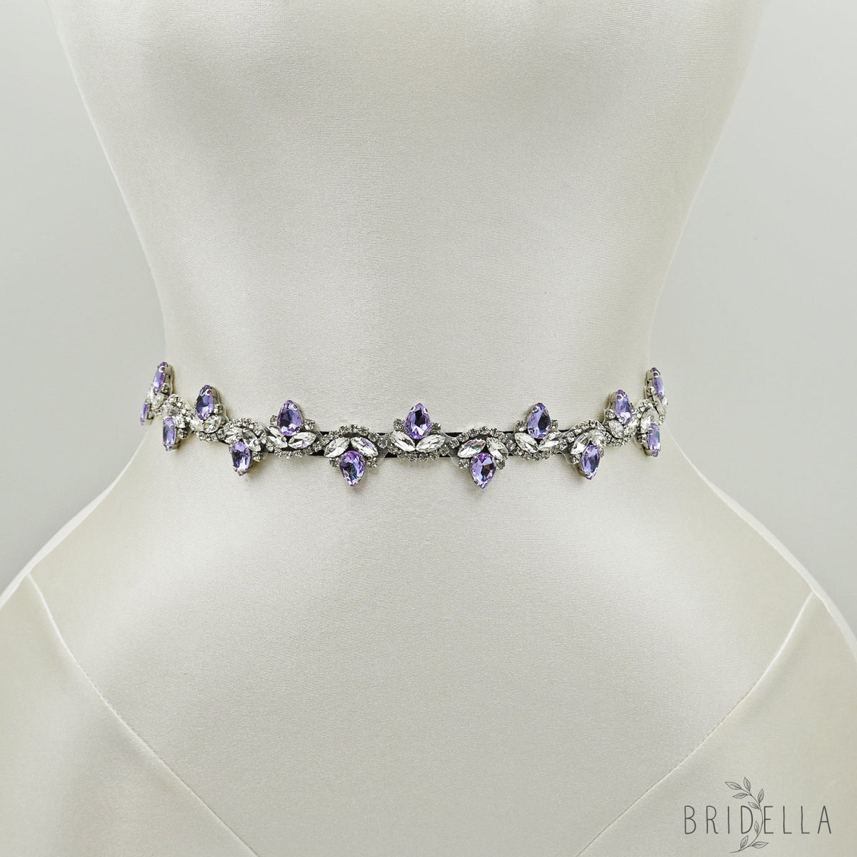 Lavender Rhinestone Bridal Belt with Black Ribbon Waist Sash Bridella BS211-LA - Lavender - Belts