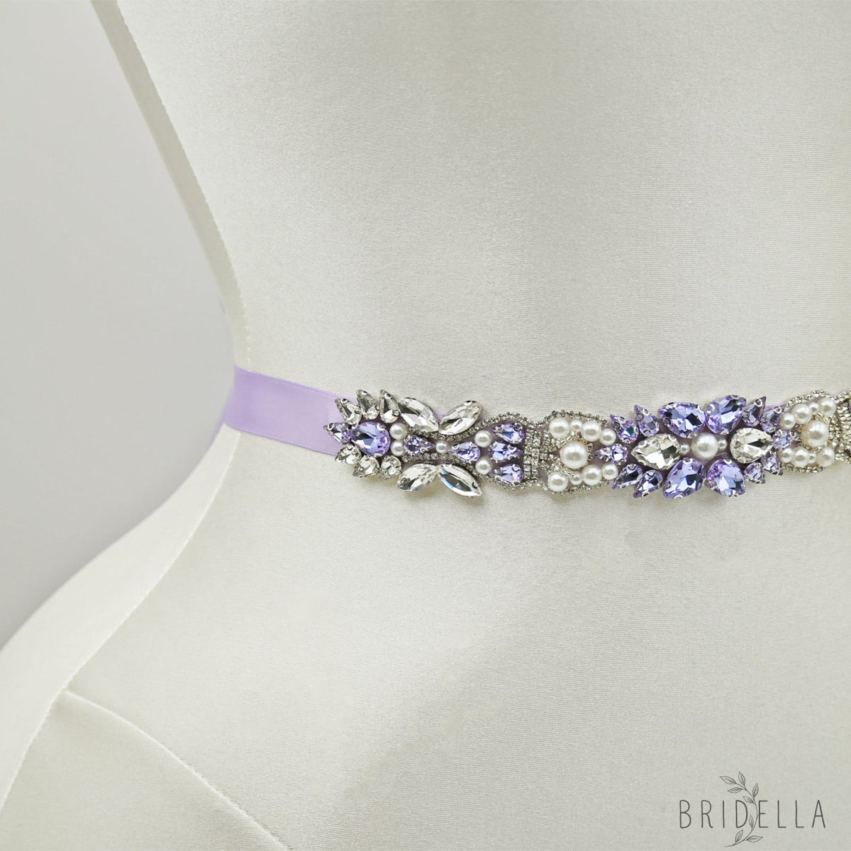 Lavender Rhinestone Pearl Bridal Sash Ribbon Wedding Dress Belt – Bridella BS258 - Light Purple - Belts