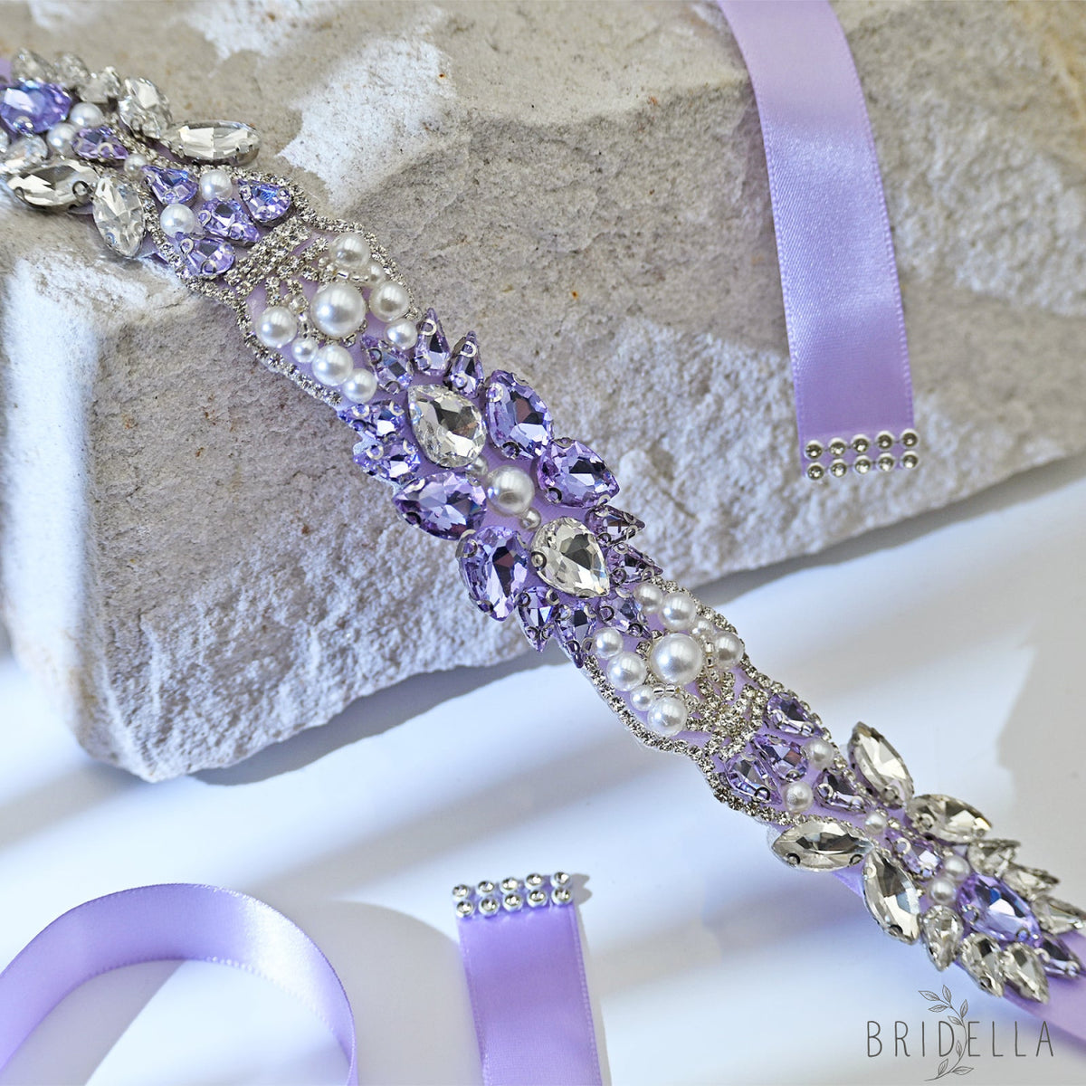 Lavender Rhinestone Pearl Bridal Sash Ribbon Wedding Dress Belt – Bridella BS258 - Light Purple - Belts