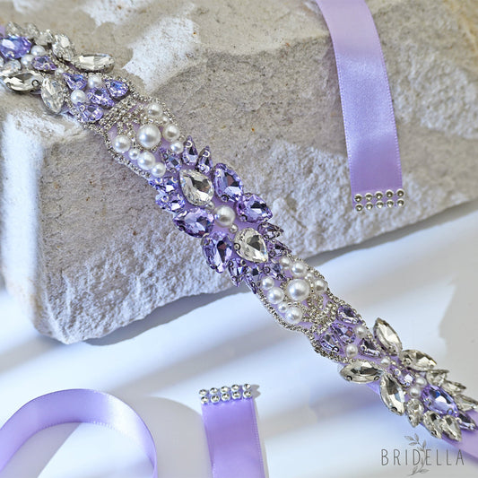 Lavender Rhinestone Pearl Bridal Sash Ribbon Wedding Dress Belt – Bridella BS258 - Light Purple - Belts
