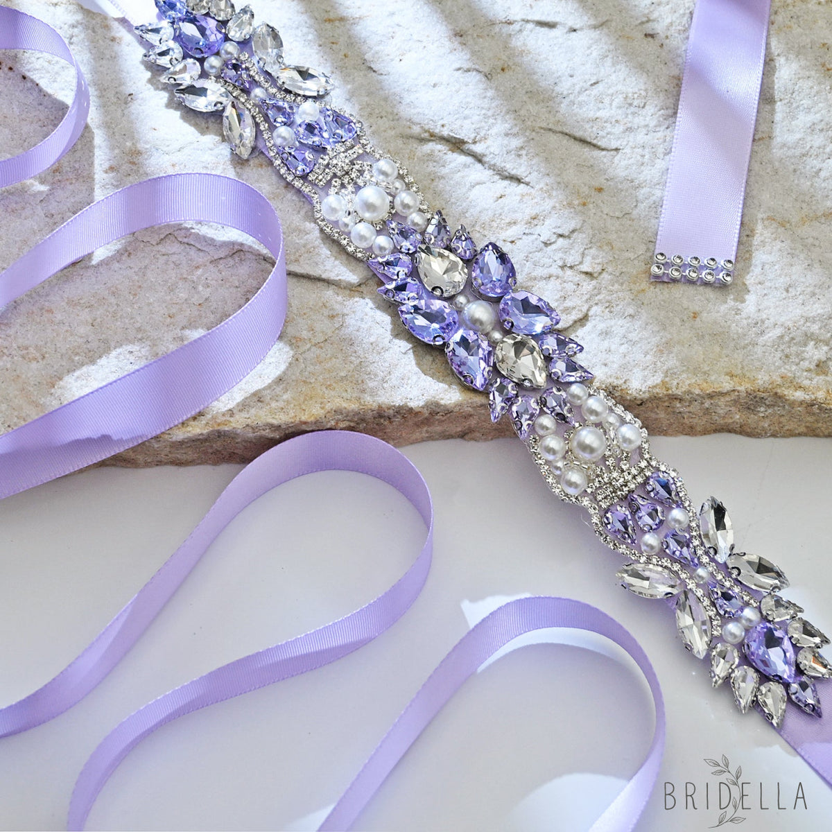 Lavender Rhinestone Pearl Bridal Sash Ribbon Wedding Dress Belt – Bridella BS258 - Light Purple - Belts