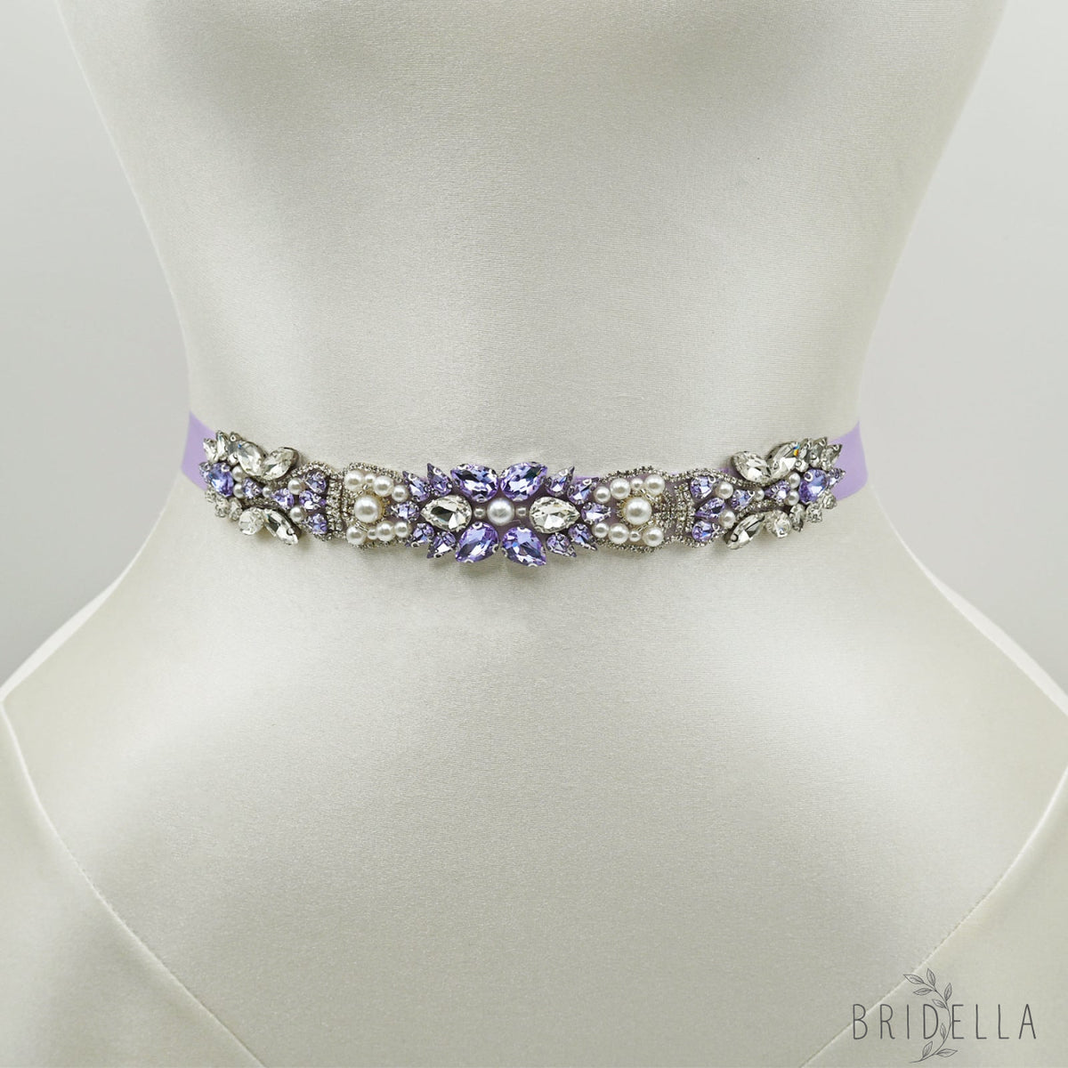 Lavender Rhinestone Pearl Bridal Sash Ribbon Wedding Dress Belt – Bridella BS258 - Light Purple - Belts