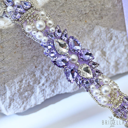 Lavender Rhinestone Pearl Bridal Sash Ribbon Wedding Dress Belt – Bridella BS258 - Light Purple - Belts