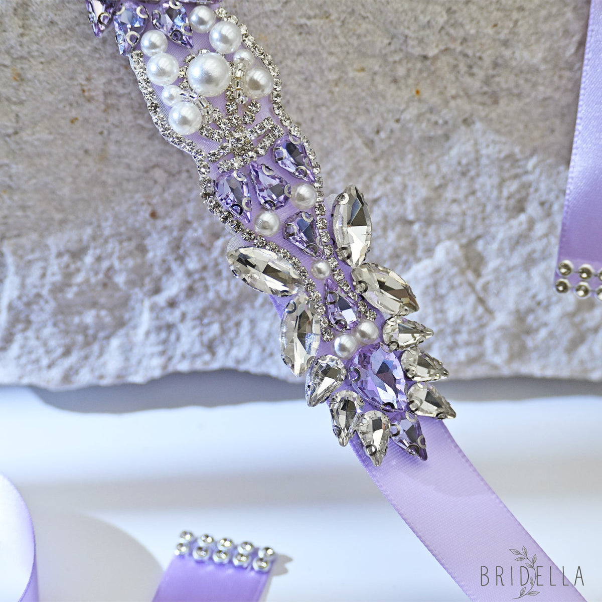 Lavender Rhinestone Pearl Bridal Sash Ribbon Wedding Dress Belt – Bridella BS258 - Light Purple - Belts