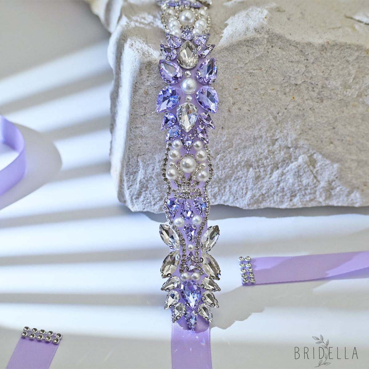 Lavender Rhinestone Pearl Bridal Sash Ribbon Wedding Dress Belt – Bridella BS258 - Light Purple - Belts