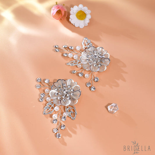 Leaf Flower Rhinestone Bridal Shoe Clips Wedding Decoration - Bridella BHX63 - White