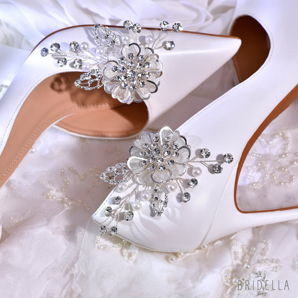 Leaf Flower Rhinestone Bridal Shoe Clips Wedding Decoration - Bridella BHX63 - White
