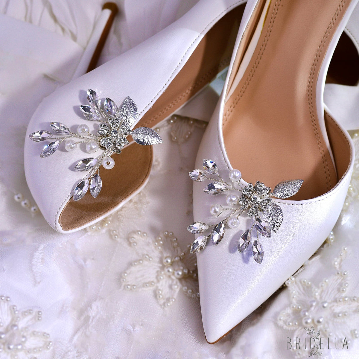 Leaf Rhinestone Bridal Shoe Clips Wedding Heel Decoration - Bridella BHX67 - White