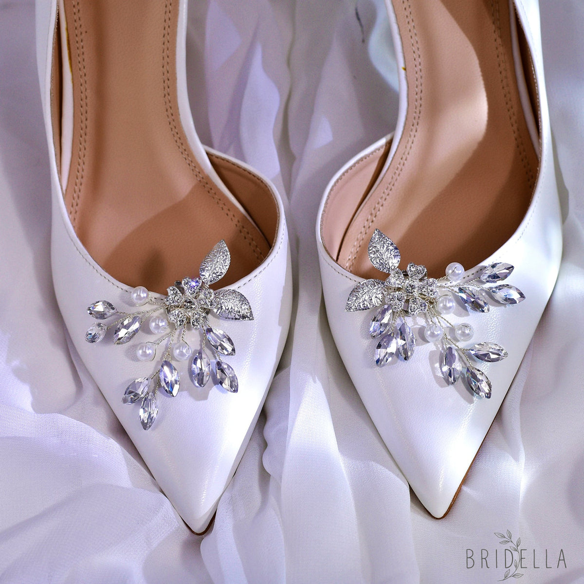 Leaf Rhinestone Bridal Shoe Clips Wedding Heel Decoration - Bridella BHX67 - White