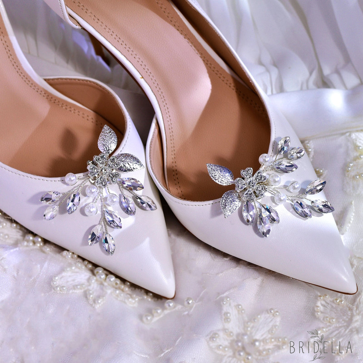 Leaf Rhinestone Bridal Shoe Clips Wedding Heel Decoration - Bridella BHX67 - White