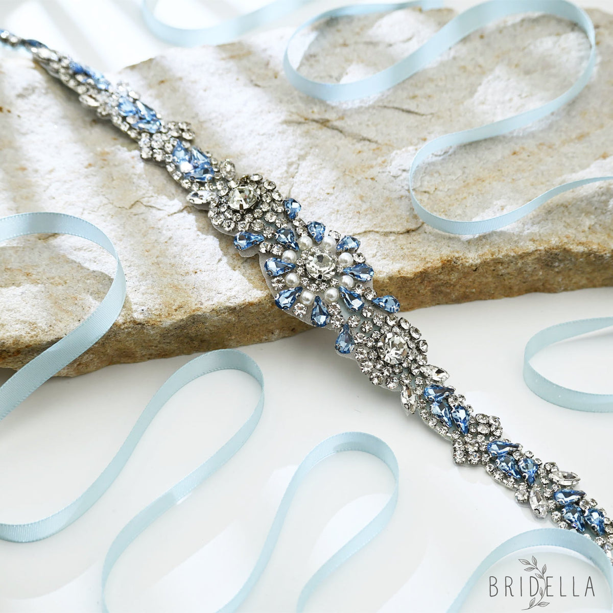 Light Blue Rhinestone & Pearl Belt - Bridella BS351QL - light blue - Blets