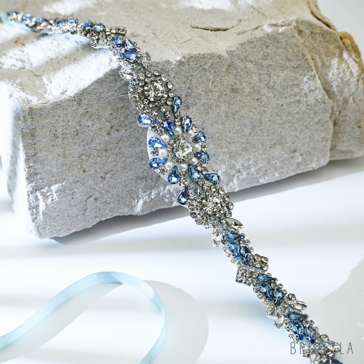 Light Blue Rhinestone & Pearl Belt - Bridella BS351QL - light blue - Blets