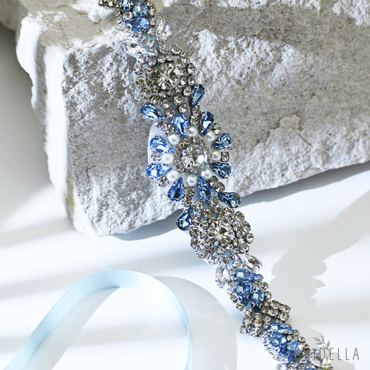 Light Blue Rhinestone & Pearl Belt - Bridella BS351QL - light blue - Blets