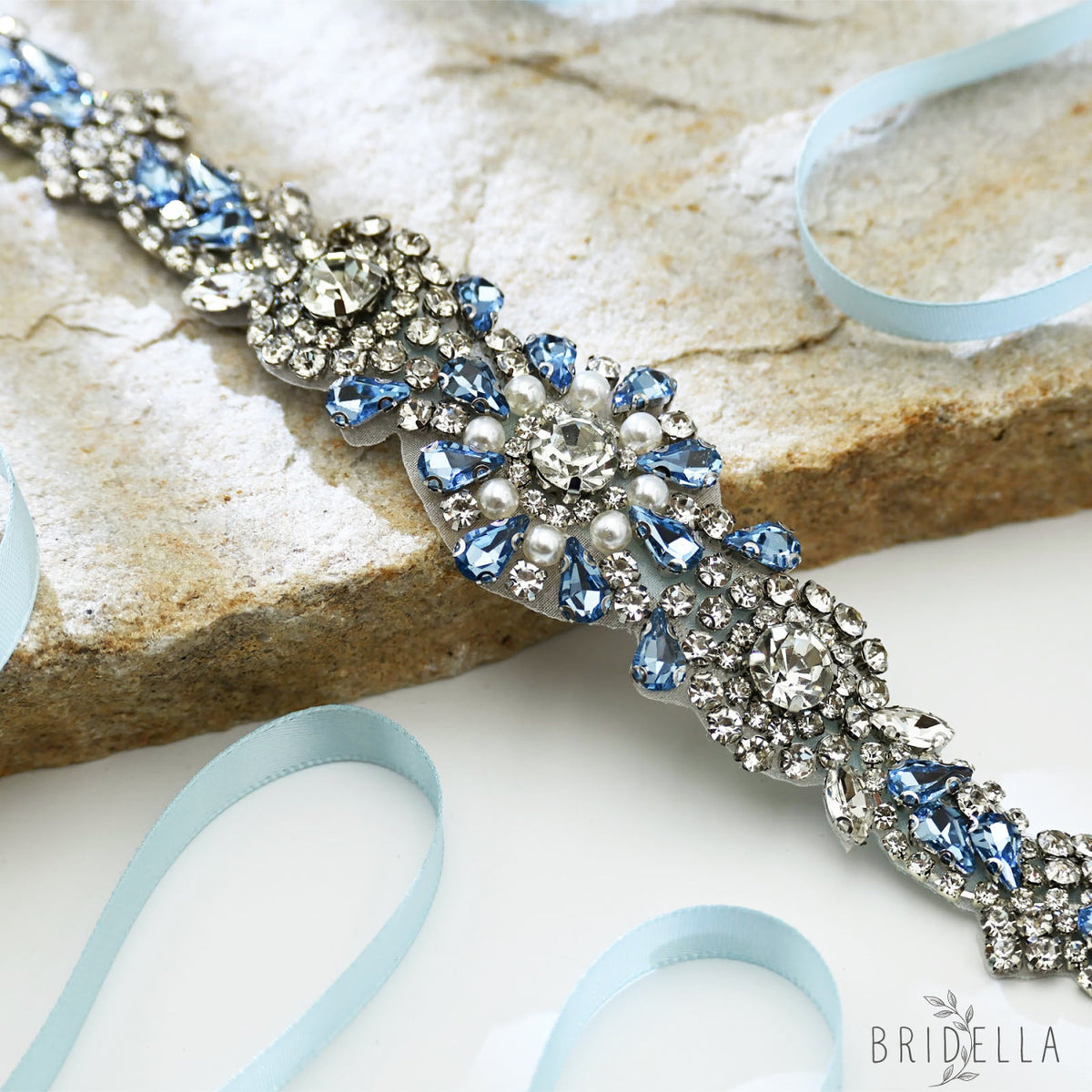 Light Blue Rhinestone & Pearl Belt - Bridella BS351QL - light blue - Blets