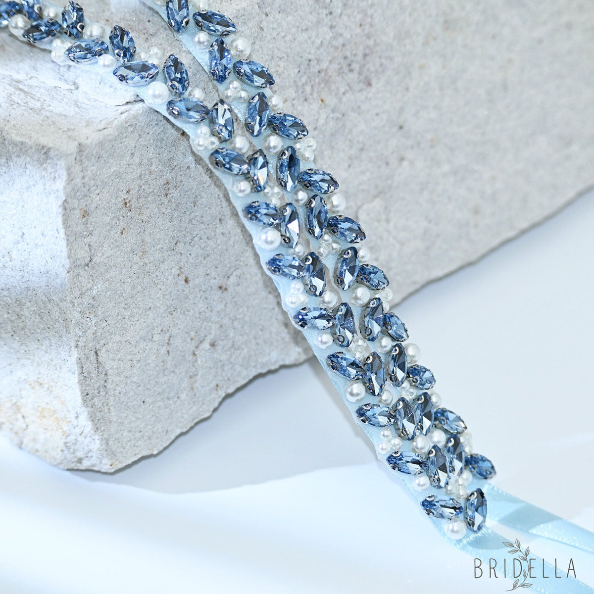 Light Blue Rhinestone Pearl Bridal Belt Wedding Sash – Bridella BS383QL - Light Blue Ribbon - Blets