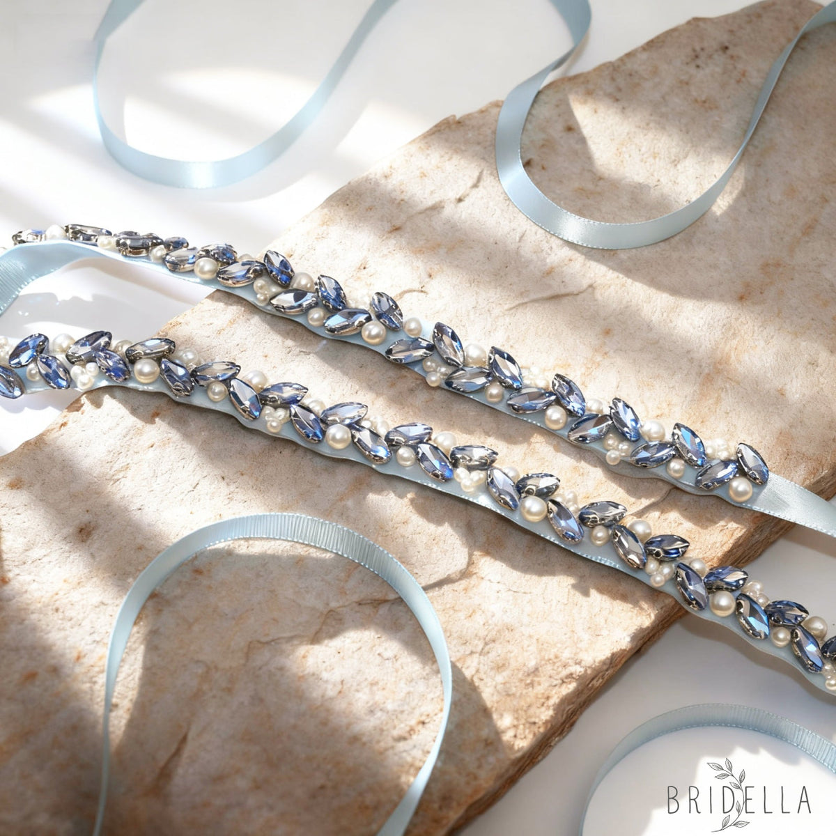 Light Blue Rhinestone Pearl Bridal Belt Wedding Sash – Bridella BS383QL - Light Blue Ribbon - Blets