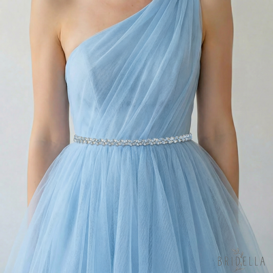 Light Blue Rhinestone Pearl Bridal Belt Wedding Sash – Bridella BS383QL - Light Blue Ribbon - Blets