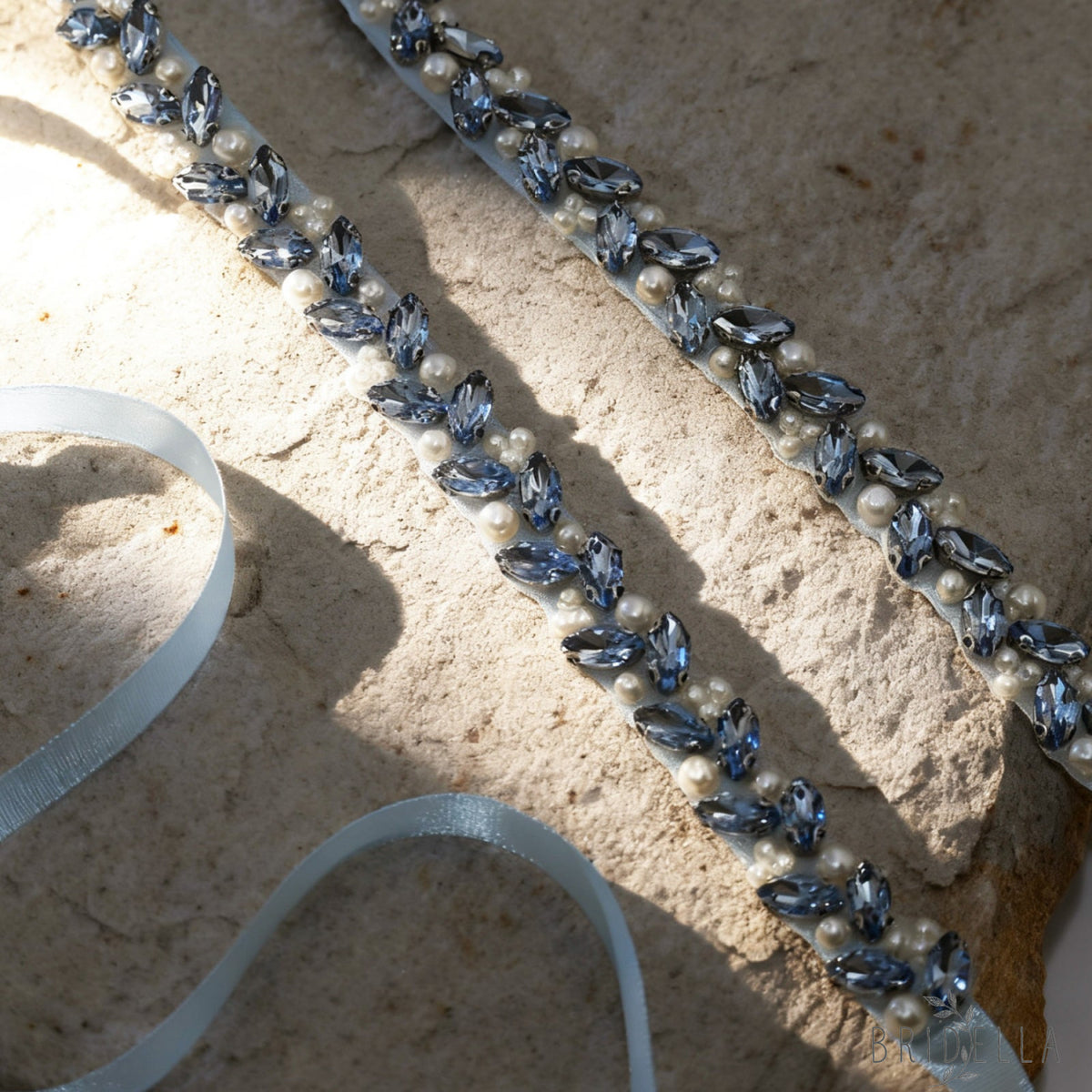 Light Blue Rhinestone Pearl Bridal Belt Wedding Sash – Bridella BS383QL - Light Blue Ribbon - Blets