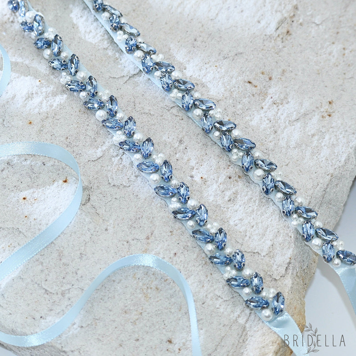 Light Blue Rhinestone Pearl Bridal Belt Wedding Sash – Bridella BS383QL - Light Blue Ribbon - Blets
