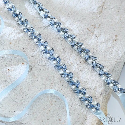 Light Blue Rhinestone Pearl Bridal Belt Wedding Sash – Bridella BS383QL - Light Blue Ribbon - Blets