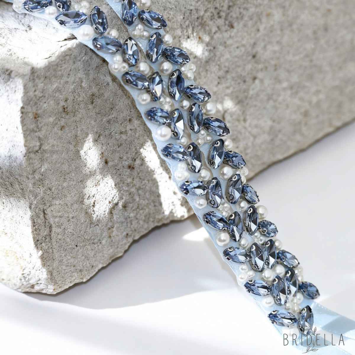 Light Blue Rhinestone Pearl Bridal Belt Wedding Sash – Bridella BS383QL - Light Blue Ribbon - Blets