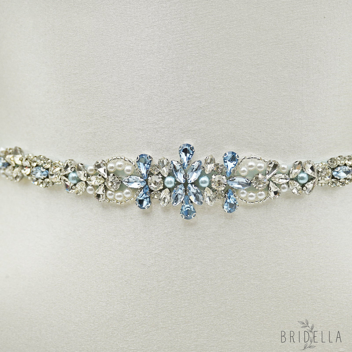 Light Blue Rhinestone & Pearl Bridal Dress Belt for Wedding - Bridella BS93QL - light blue - Belts