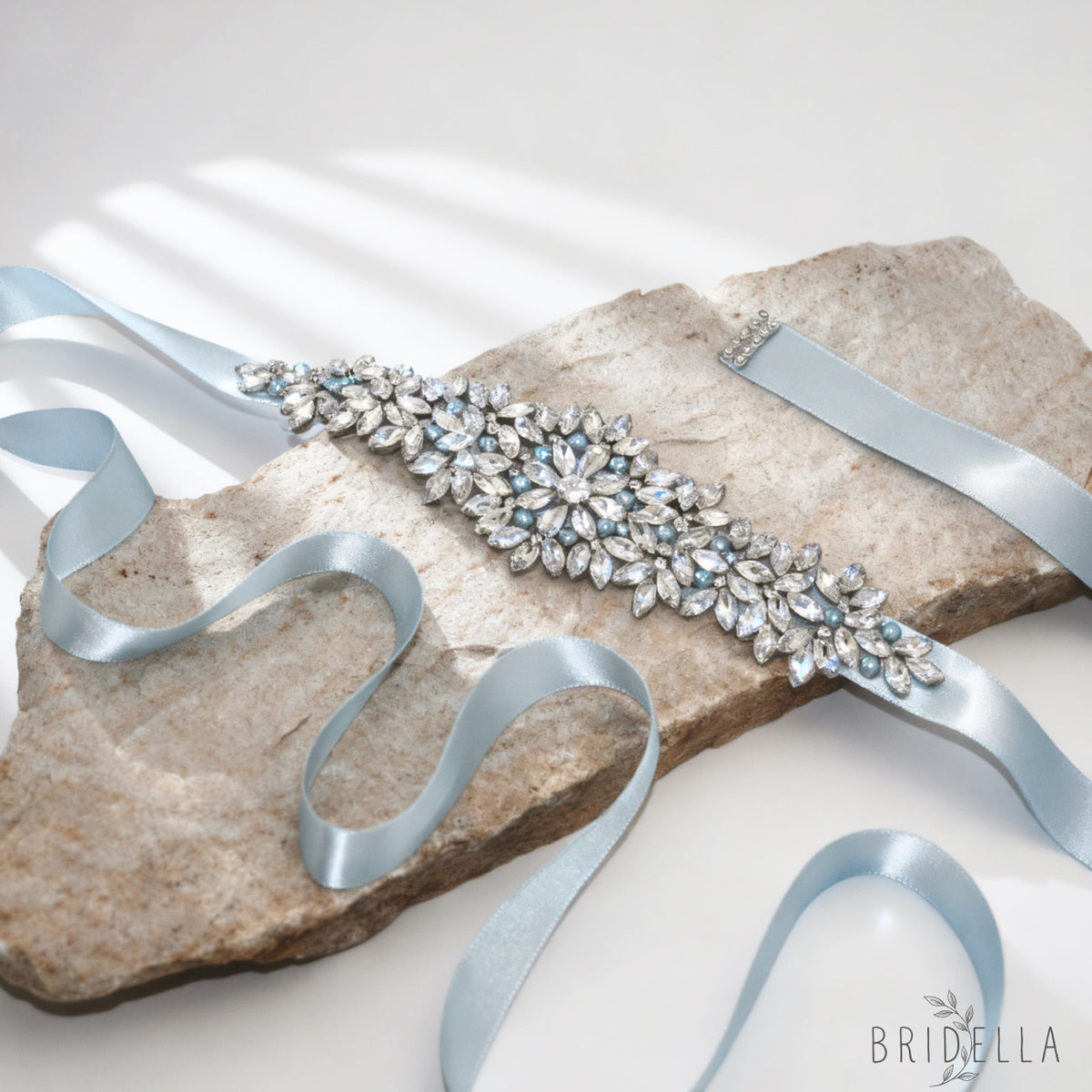 Light Blue Rhinestone Pearl Bridal Sash Wedding Dress Belt – Bridella BS121 - light blue - Blets