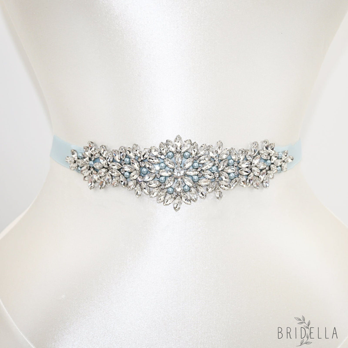 Light Blue Rhinestone Pearl Bridal Sash Wedding Dress Belt – Bridella BS121 - light blue - Blets