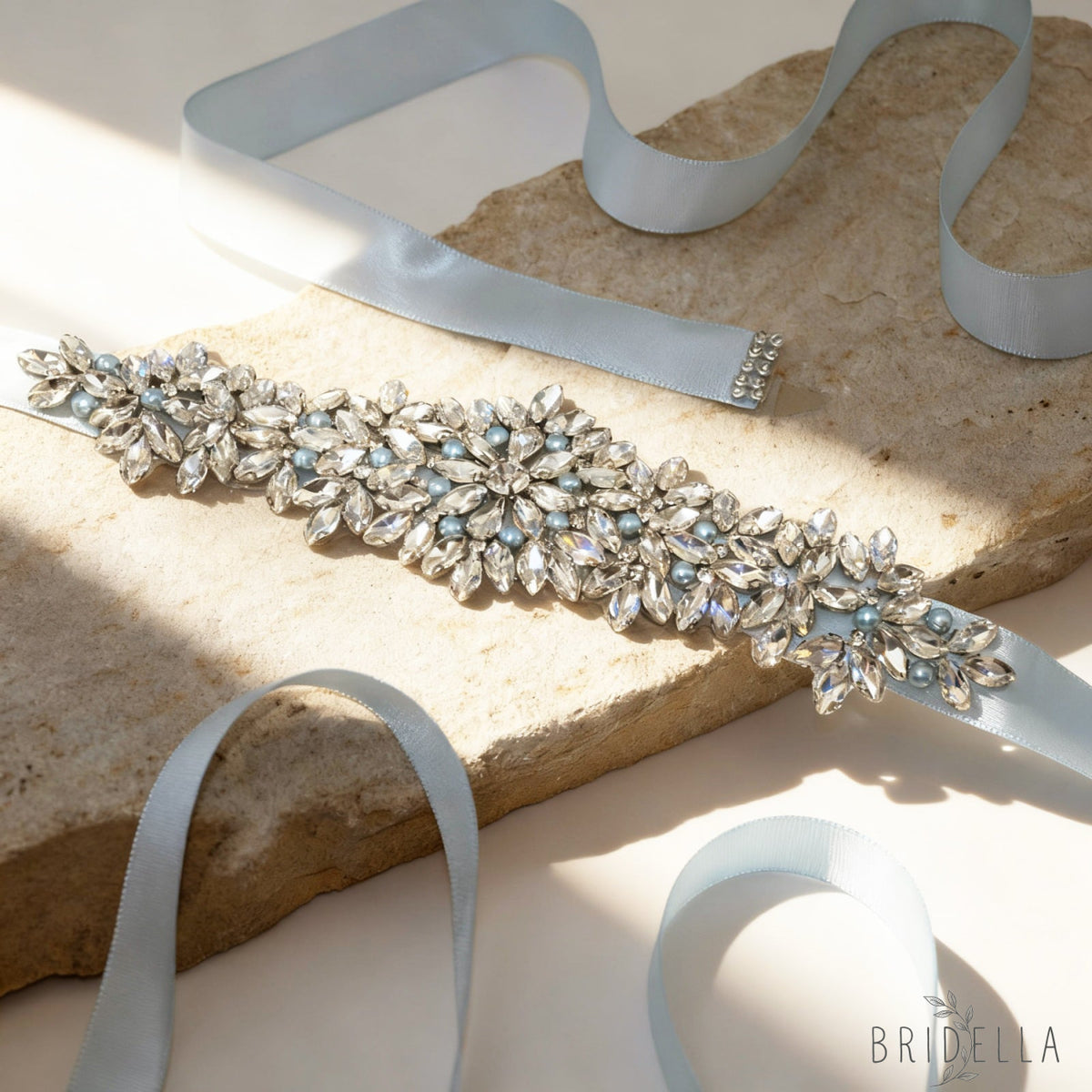 Light Blue Rhinestone Pearl Bridal Sash Wedding Dress Belt – Bridella BS121 - light blue - Blets
