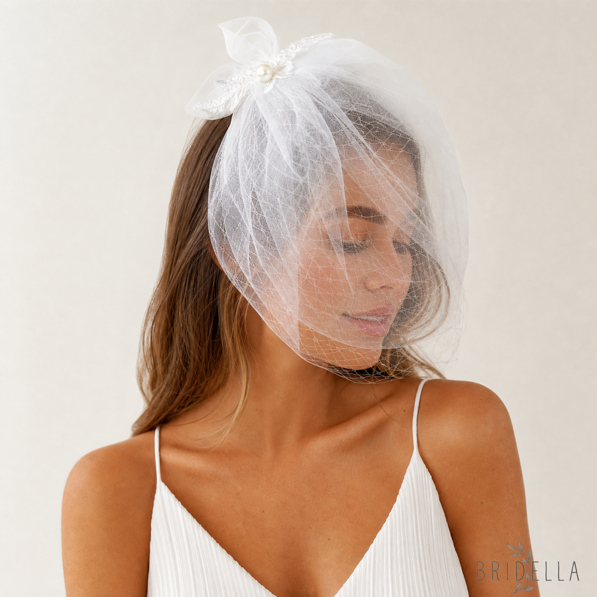 Lightweight Pearl Bow Birdcage Wedding Veil - Bridella BVA14-W - Ivory