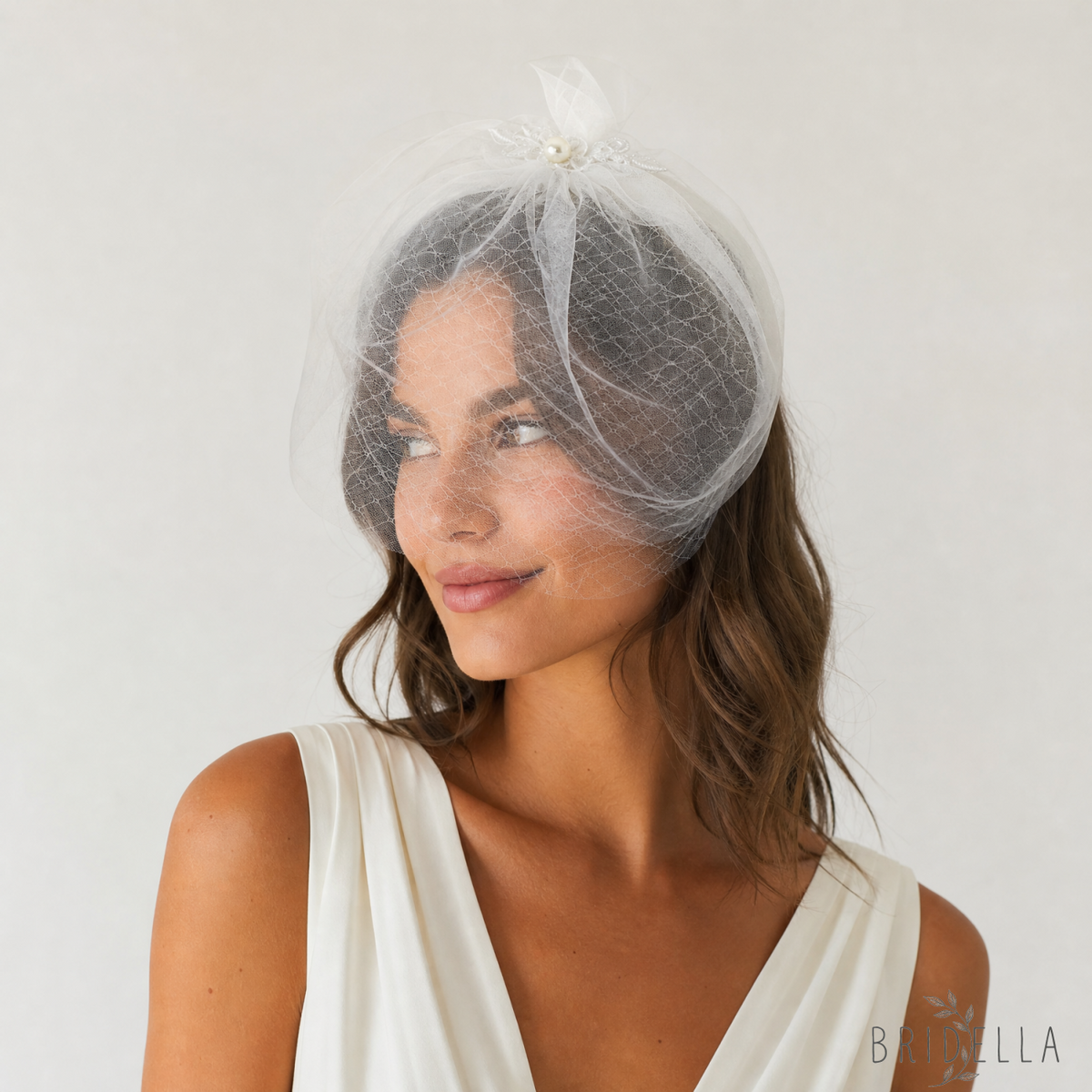 Lightweight Pearl Bow Birdcage Wedding Veil - Bridella BVA14-W - Ivory