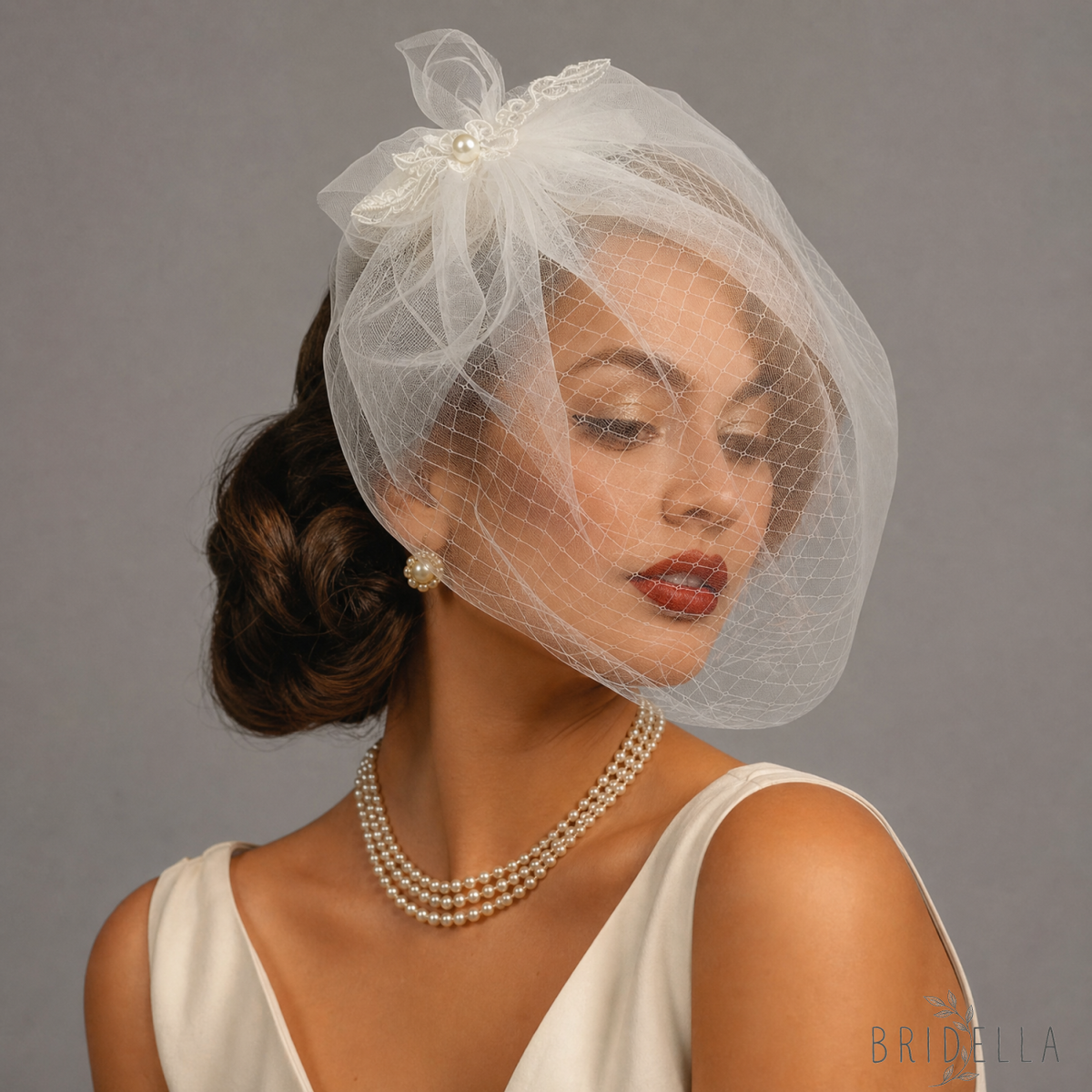 Lightweight Pearl Bow Birdcage Wedding Veil - Bridella BVA14-W - Ivory