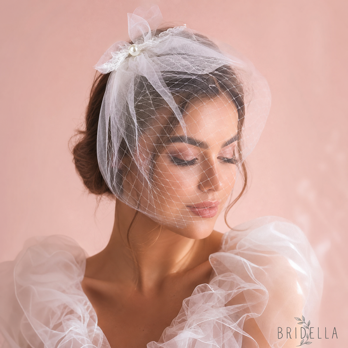 Lightweight Pearl Bow Birdcage Wedding Veil - Bridella BVA14-W - Ivory