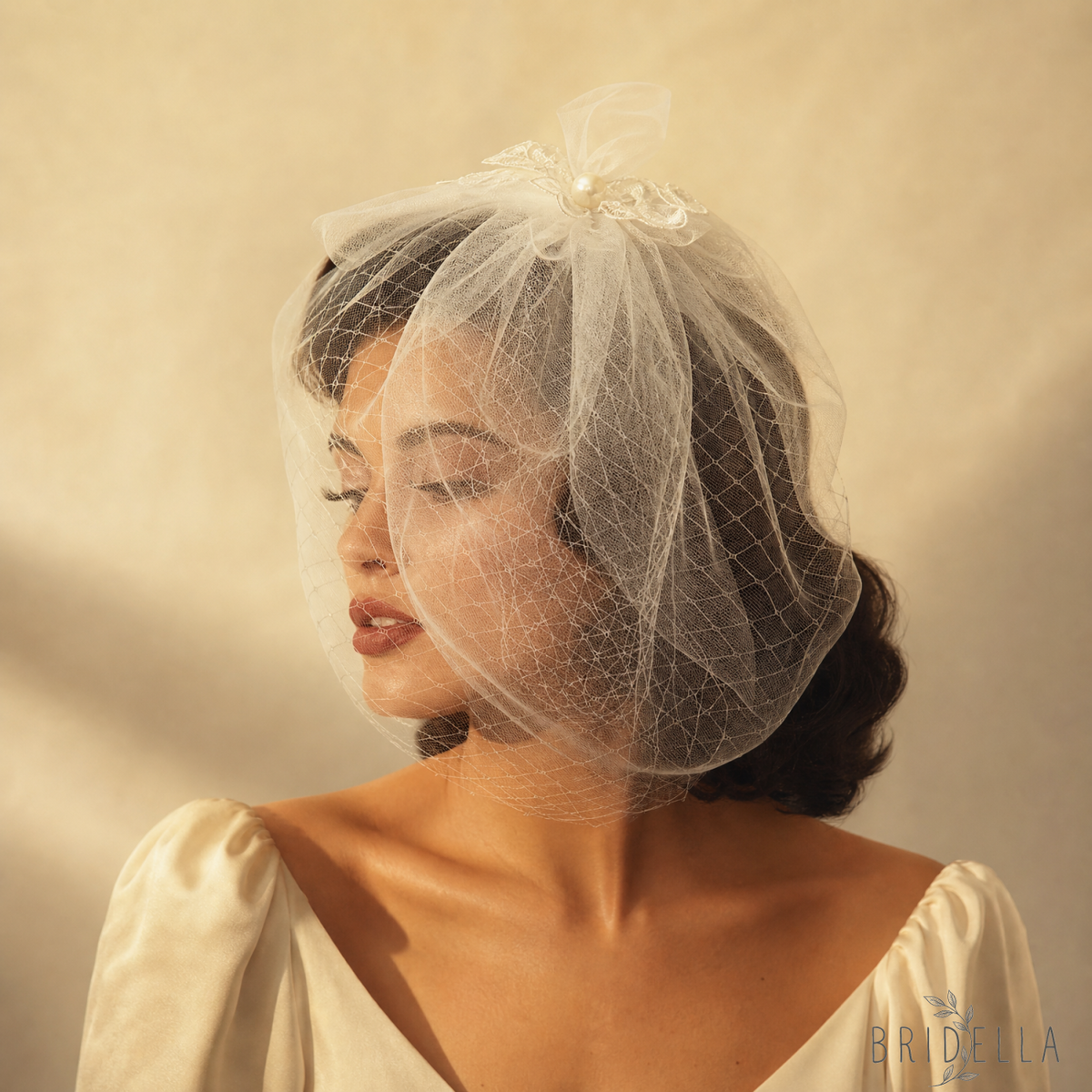 Lightweight Pearl Bow Birdcage Wedding Veil - Bridella BVA14-W - Ivory