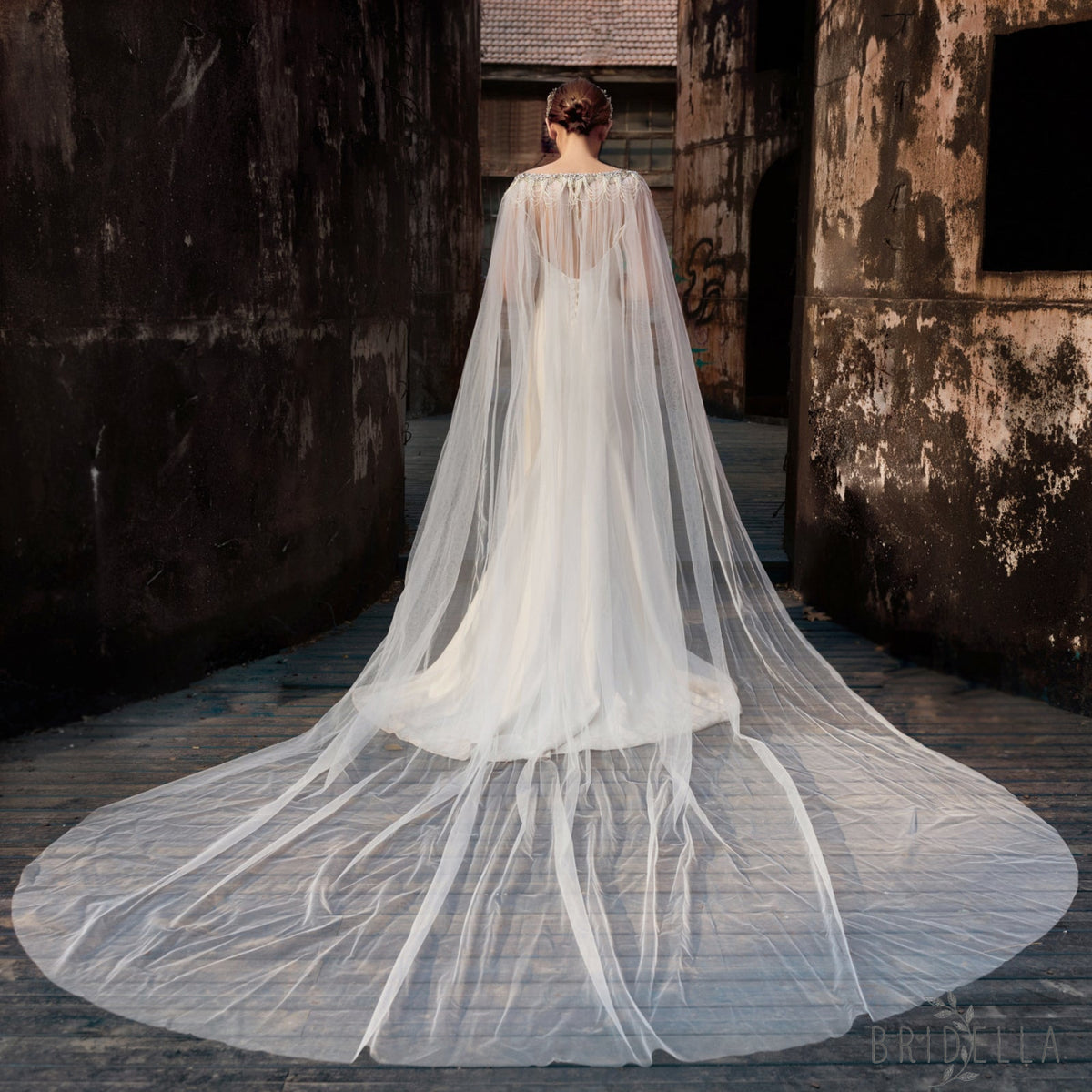 Luxury Crystal Beaded Extra Long Bridal Cape Veil - Bridella BVG47 - Ivory