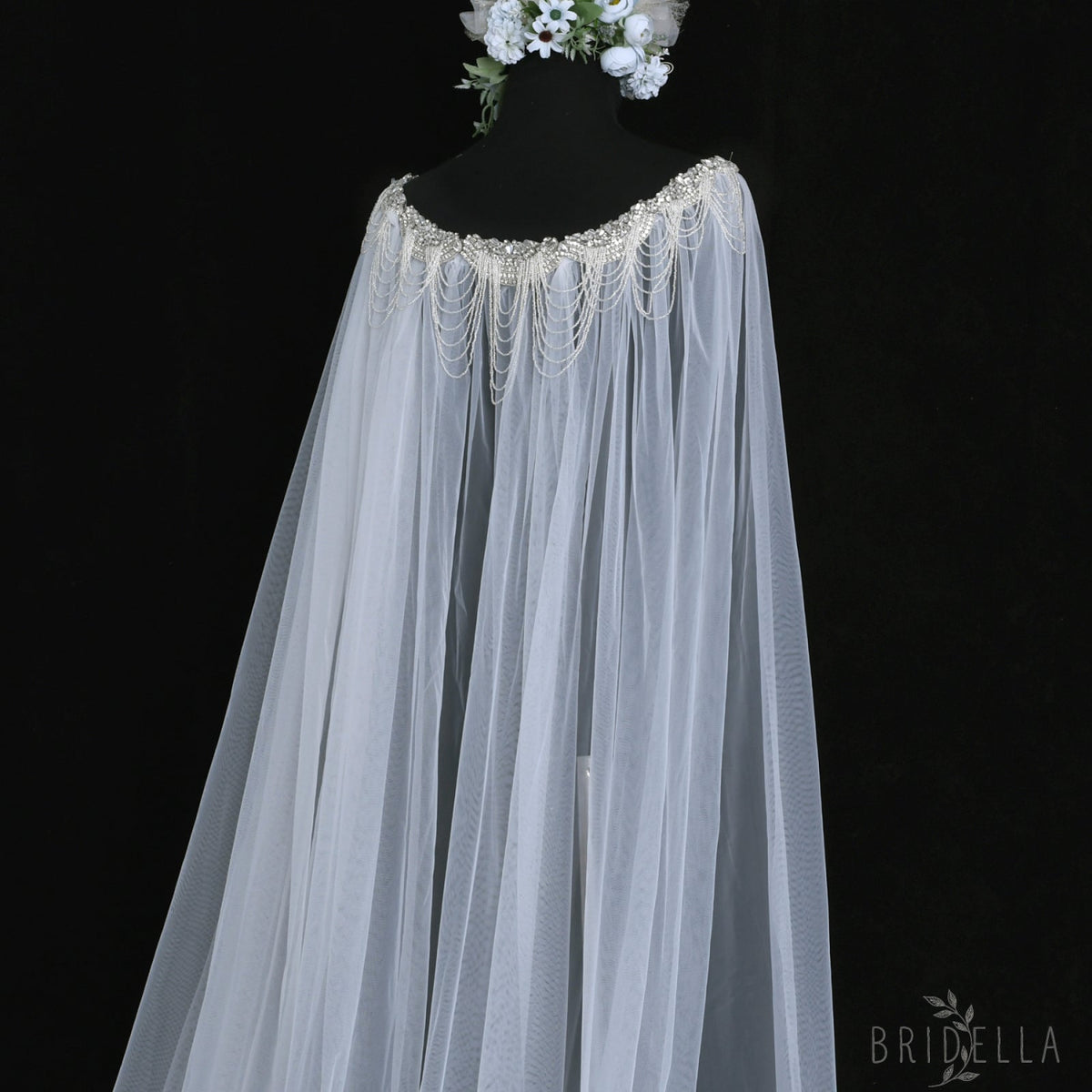 Luxury Crystal Beaded Extra Long Bridal Cape Veil - Bridella BVG47 - Ivory
