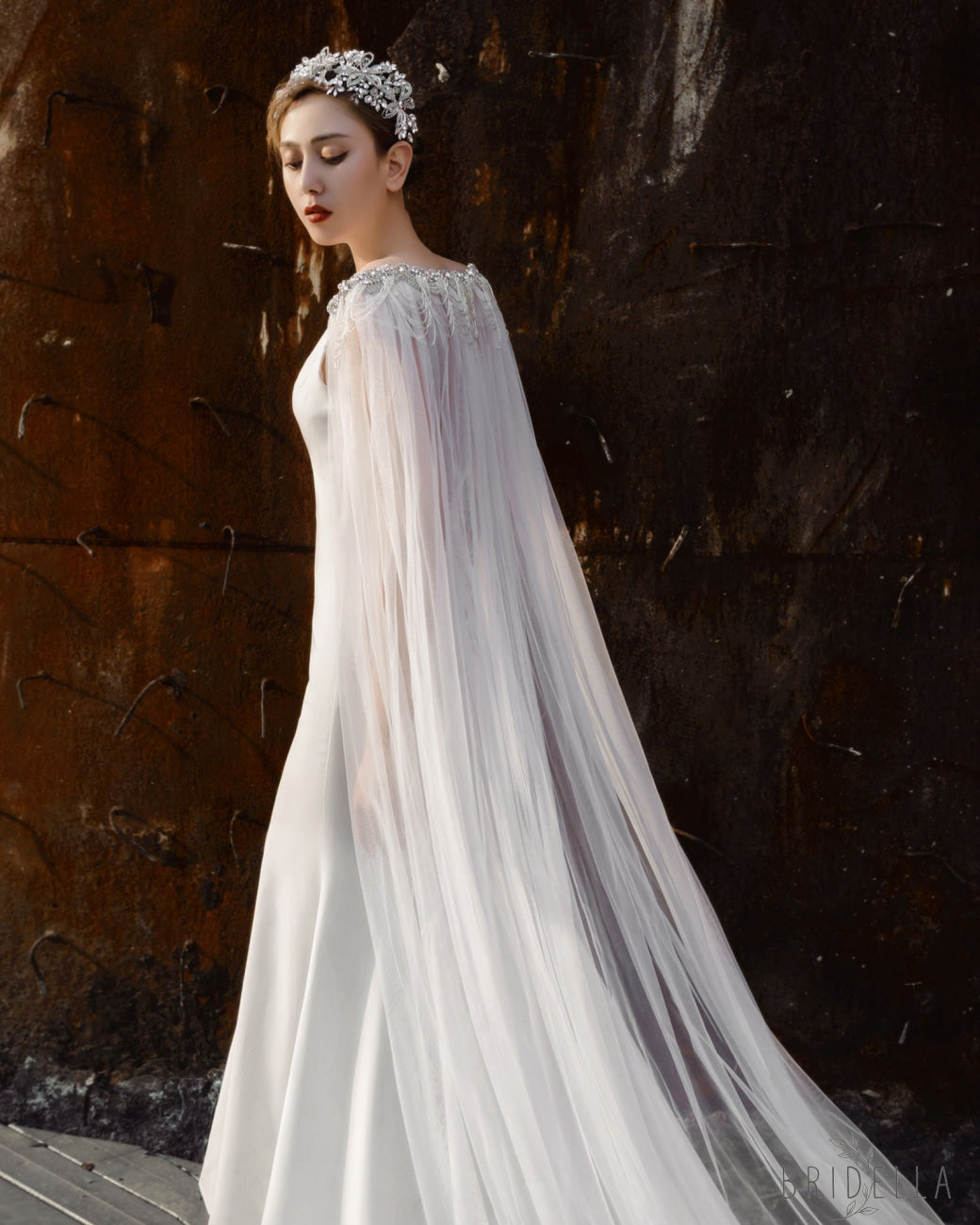 Luxury Crystal Beaded Extra Long Bridal Cape Veil - Bridella BVG47 - Ivory