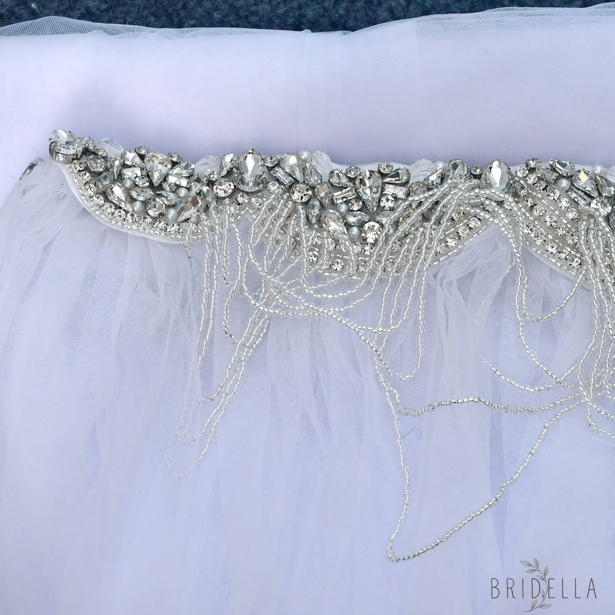 Luxury Crystal Beaded Extra Long Bridal Cape Veil - Bridella BVG47 - Ivory