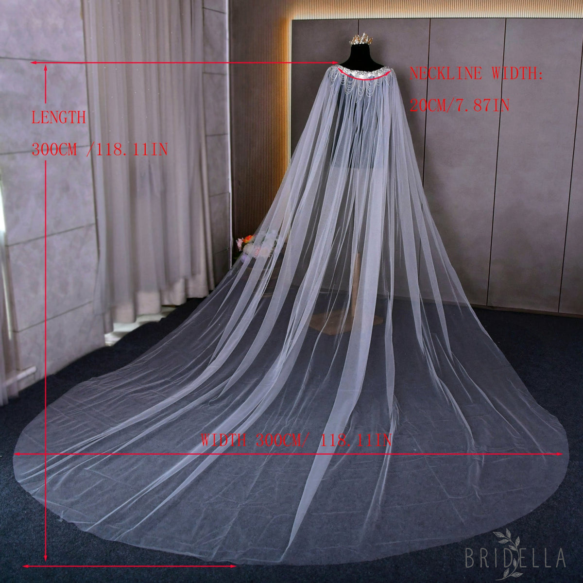 Luxury Crystal Beaded Extra Long Bridal Cape Veil - Bridella BVG47 - Ivory