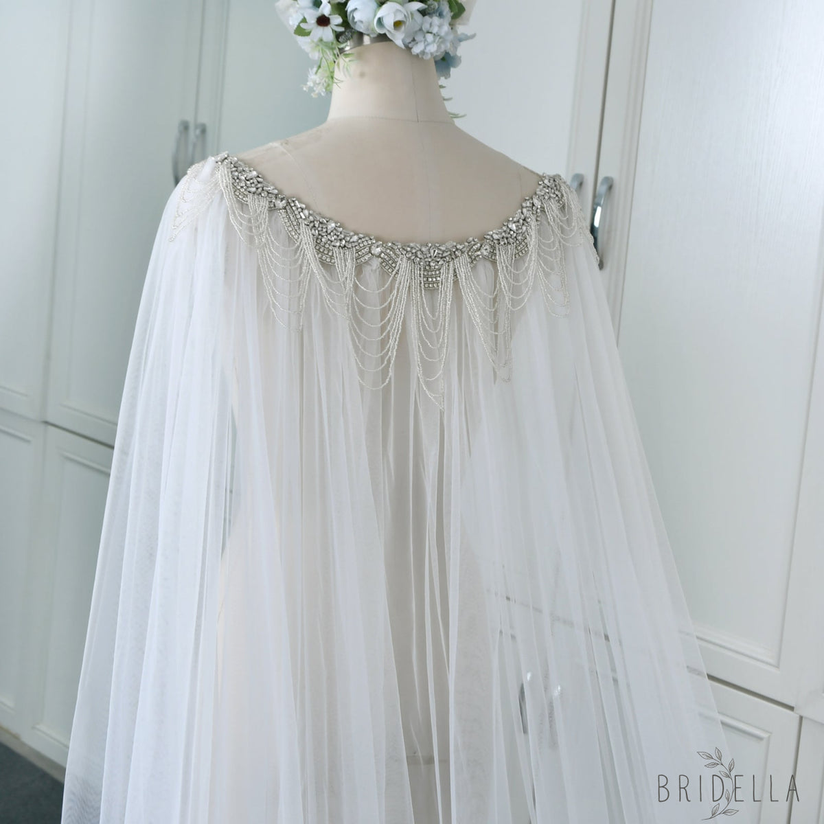 Luxury Crystal Beaded Extra Long Bridal Cape Veil - Bridella BVG47 - Ivory