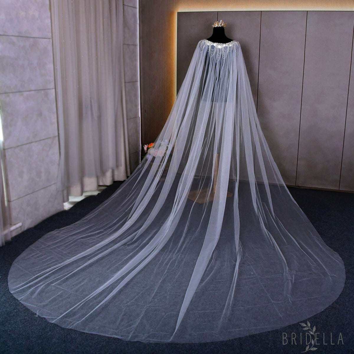 Luxury Crystal Beaded Extra Long Bridal Cape Veil - Bridella BVG47 - Ivory