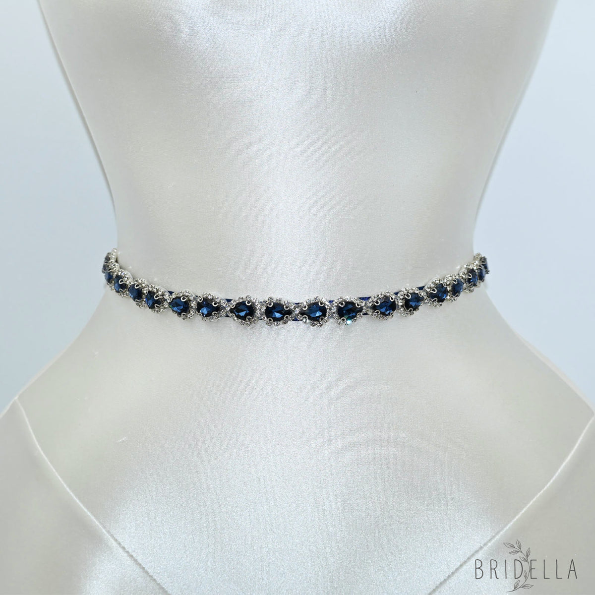 Navy Blue Rhinestone Bridal Belt Adjustable Waist Sash Bridella BS190ML - Navy - Belts