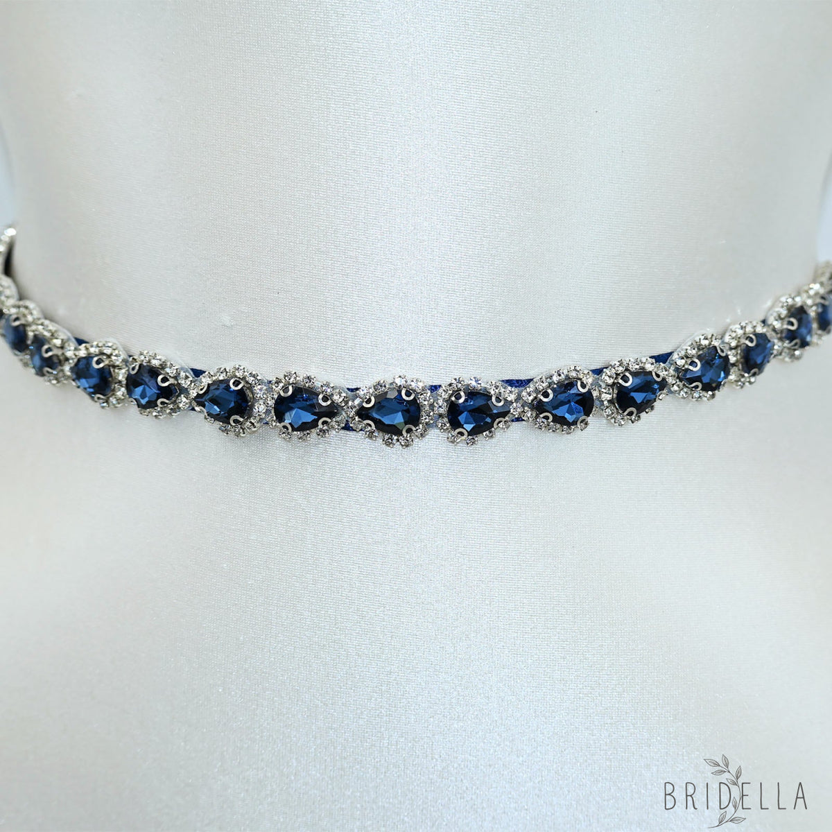 Navy Blue Rhinestone Bridal Belt Adjustable Waist Sash Bridella BS190ML - Navy - Belts