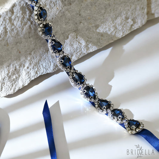 Navy Blue Rhinestone Bridal Belt Adjustable Waist Sash Bridella BS190ML - Navy - Belts