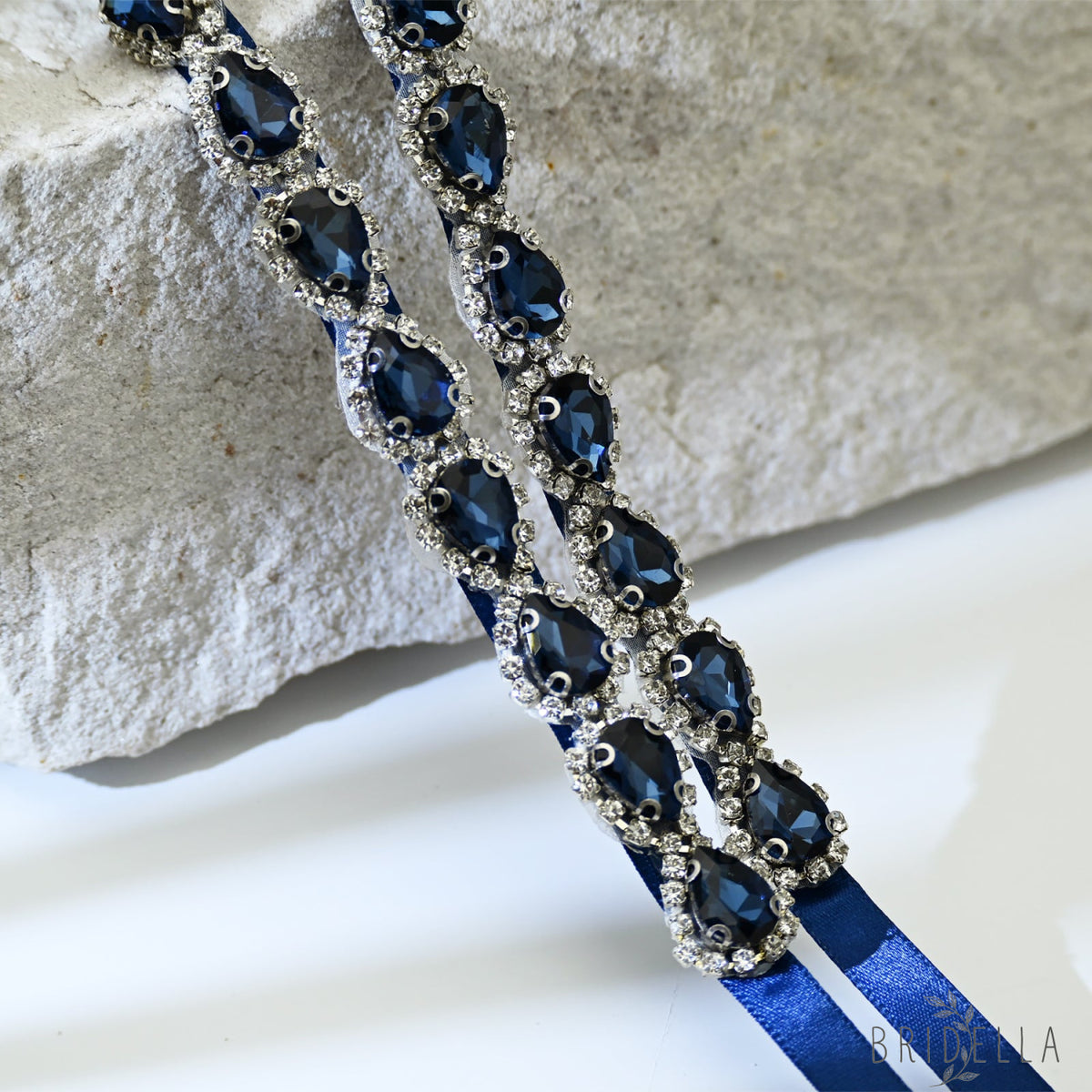 Navy Blue Rhinestone Bridal Belt Adjustable Waist Sash Bridella BS190ML - Navy - Belts