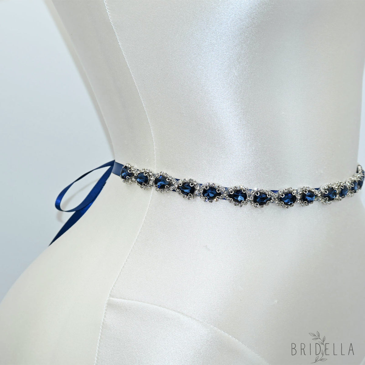 Navy Blue Rhinestone Bridal Belt Adjustable Waist Sash Bridella BS190ML - Navy - Belts