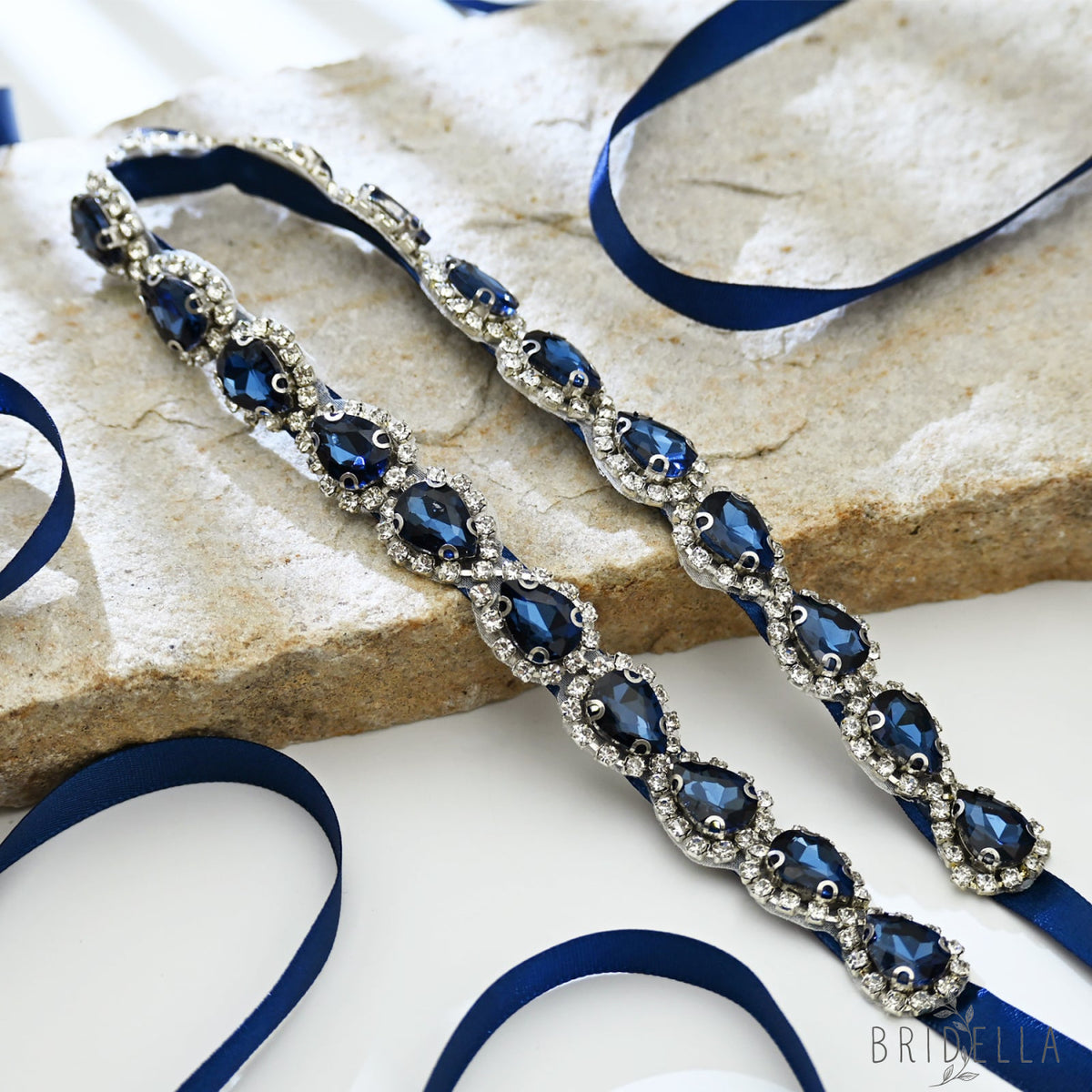 Navy Blue Rhinestone Bridal Belt Adjustable Waist Sash Bridella BS190ML - Navy - Belts