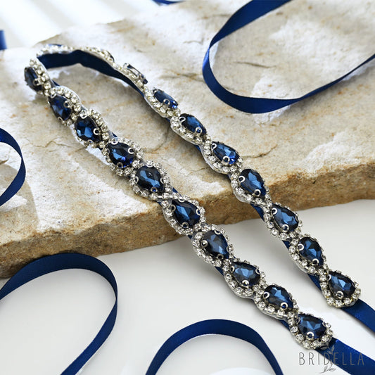 Navy Blue Rhinestone Bridal Belt Adjustable Waist Sash Bridella BS190ML - Navy - Belts