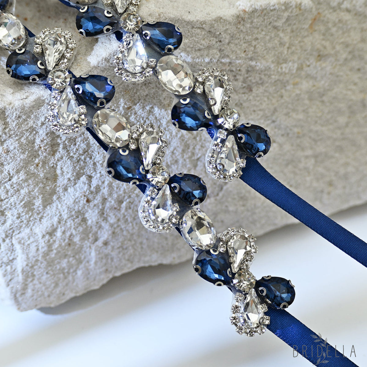 Navy Blue Rhinestone Bridal Belt Adjustable Waist Sash Bridella BS212ML - Navy - Belts