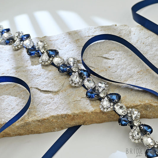 Navy Blue Rhinestone Bridal Belt Adjustable Waist Sash Bridella BS212ML - Navy - Belts